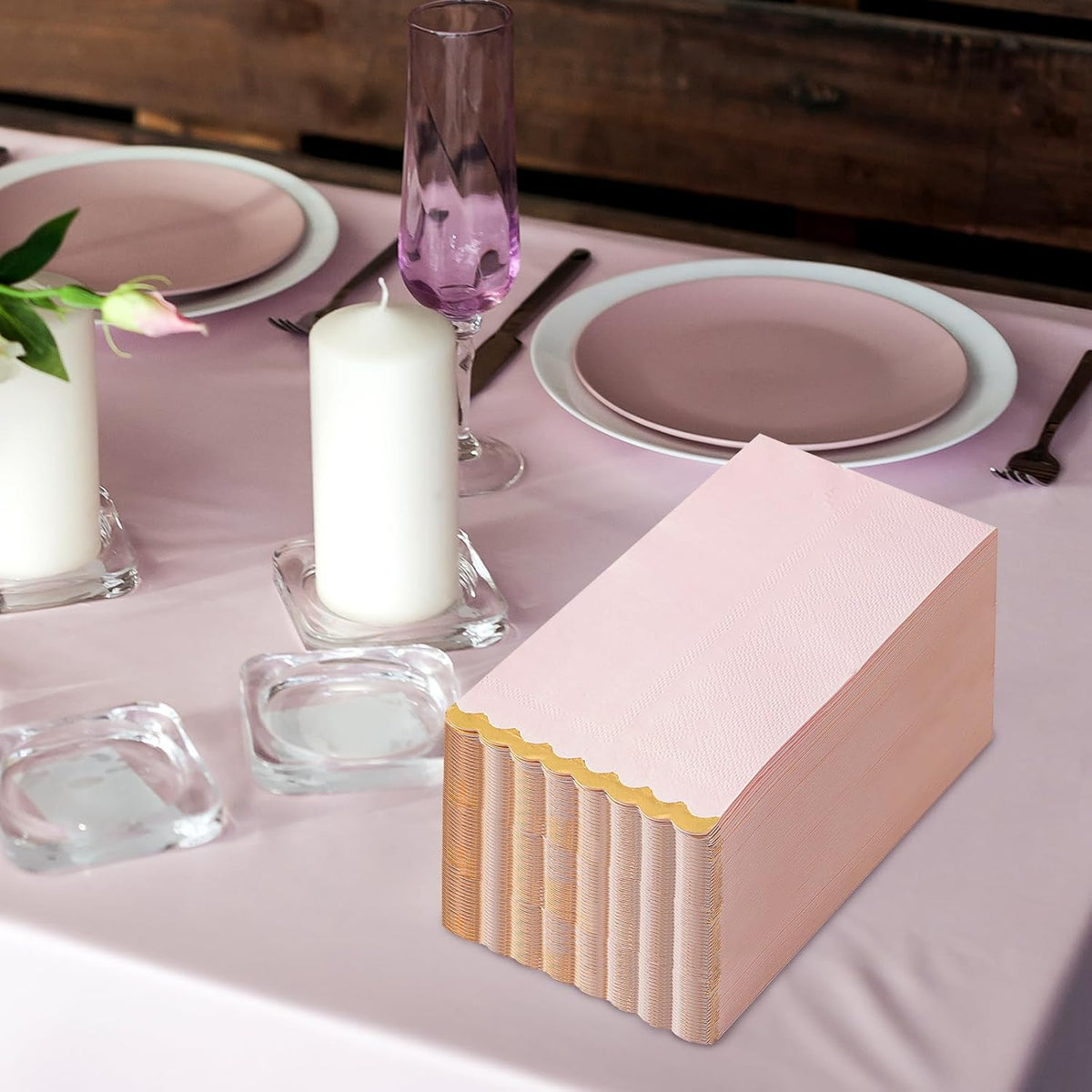 Pink Gold Foil Scalloped Edge Dinner Napkins 50 Pack - Elegant Disposable Guest Napkins for Wedding, Bridal Shower, Baby Shower, Birthday & Valentine's Day (4 x 8 Inches)