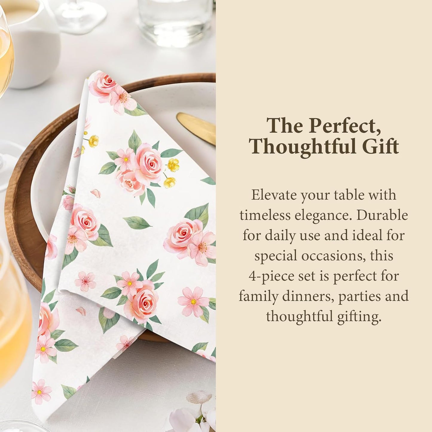 Pink Floral Print Napkins Set of 4, 18x18 Inch Soft Absorbent Washable Reusable Cloth Napkins, Floral Gifts for Flower Lovers, Bridal Shower, Wedding, Tea Party & Table Decor