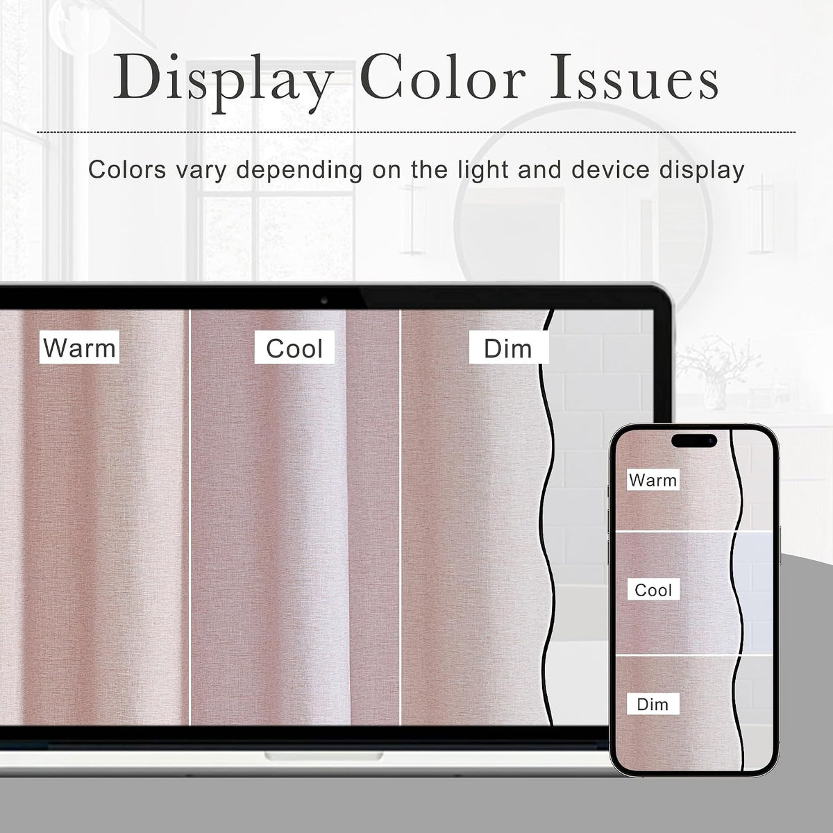 Pink Shower Curtain Scalloped, Blush Cute Linen Textured Privacy Boho Heavy Duty Waterproof Washable Shower Curtain Set for Bathroom Home Decor with 12 Metal Hooks, 72 x 72 inches Long
