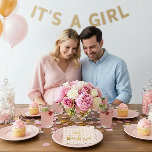 'Oh Baby' Pink Baby Shower Decorations for Girls, Pink Plaid Oh Baby Napkins, Gingham Scalloped It's a Girl Decor, 1st Birthday, Welcome Home, Sprinkles, Pregnancy Announcement, 50 Pack
