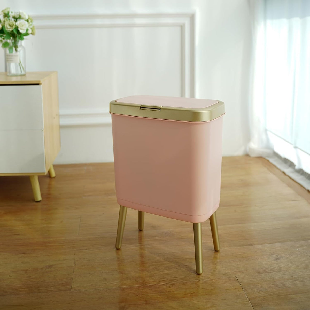 Procade Bathroom Trash Can with Lid,4 Gallon Gold and Pink Garbage Can,Slim