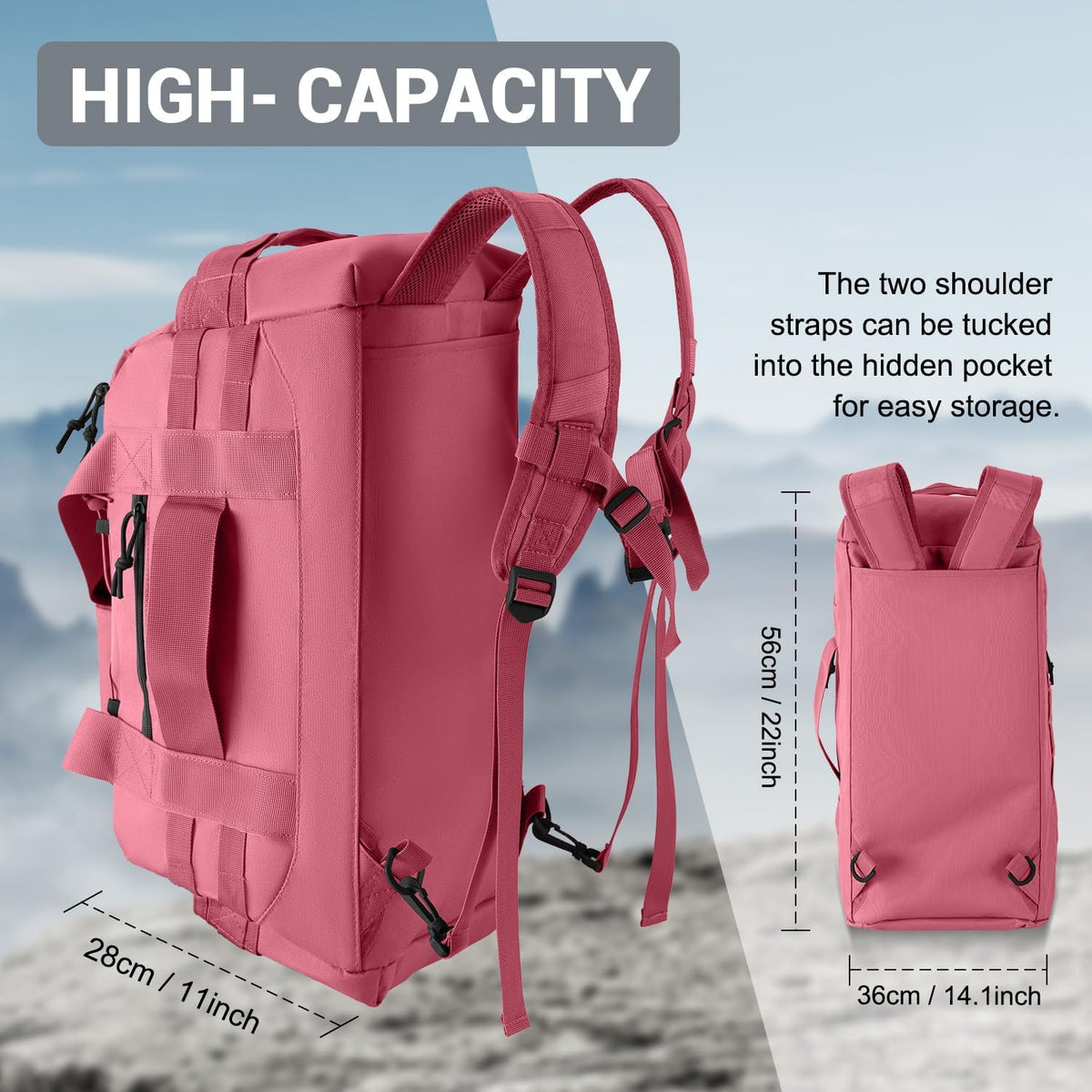35L Large Duffle Bag, 3-in-1 Tactical Backpack MOLLE Pack for Sports/Gym/Outdoor, Pink