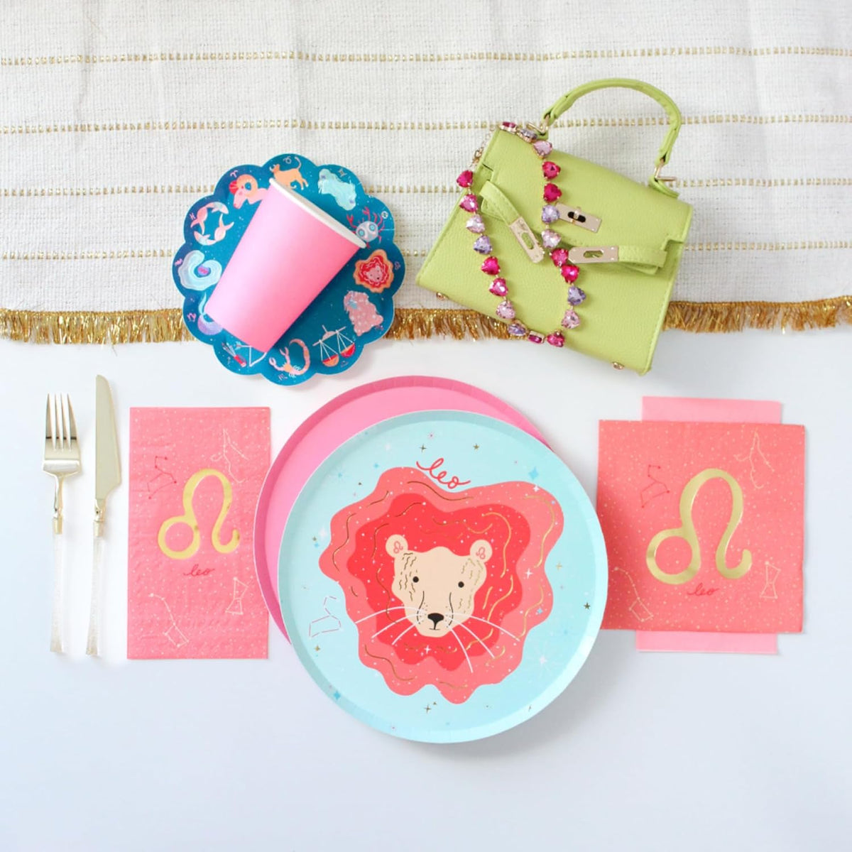 Zodiac Guest Napkins - Leo Astrological Sign Design - Peach with Gold Details - Pack of 16 - Disposable Paper Napkins for Birthdays, Parties and Celebrations