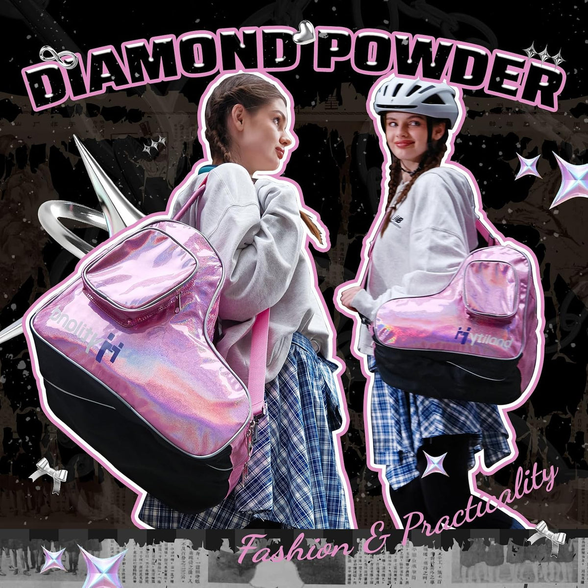 Roller Skate Bag for Inline Skates Ice Skates and Figure Skating Stylish Plain Holographic Fashion Design Spacious Big Capacity Breathable Mesh Waterproof Durable for Women and Youth