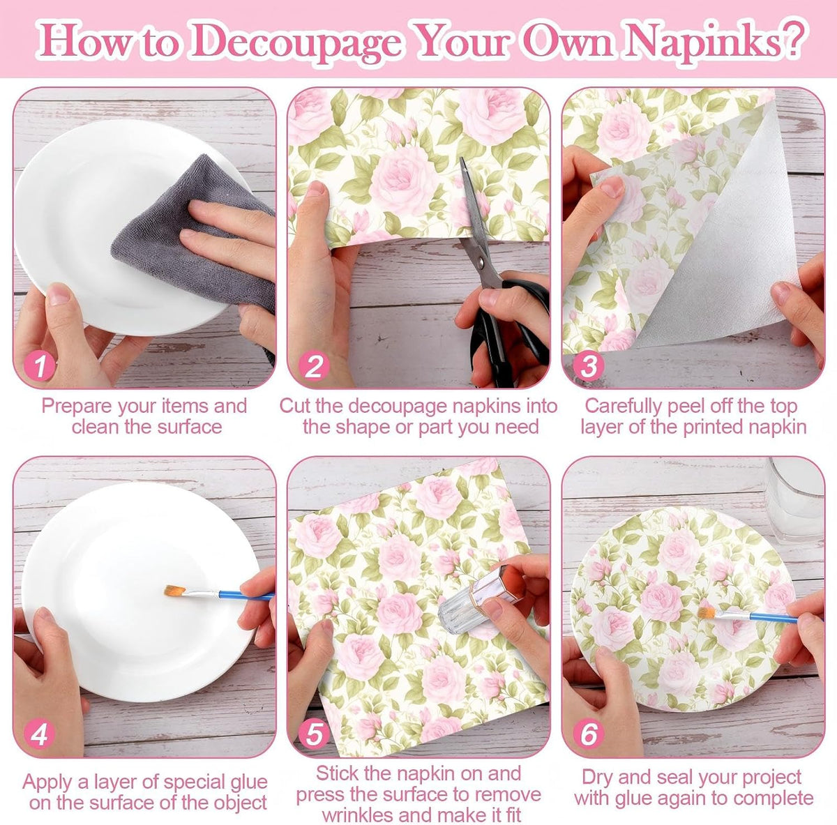 36 Sheet 6 Style Pink Floral Paper Napkins for Decoupage