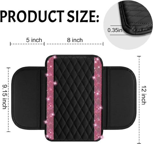 Bling Car Center Console Cover, Leather Car Arm Rest Cover Cushion with 2 Storage Bags, Middle Console Cover Universal Armrest Protector Pads, Bling Accessories for Most Vehicles (Pink)