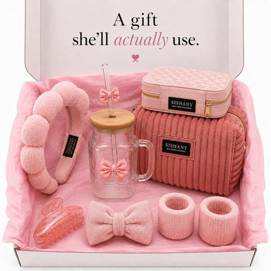 Self Care Gift Set for Women, Aesthetic Travel Gift Box with Makeup Bag, Jewelry Case, Glass Tumbler, Velvet Headband, Spa Bow Headband, Spa Wristbands & Marble Claw Hair Clip (Pink)