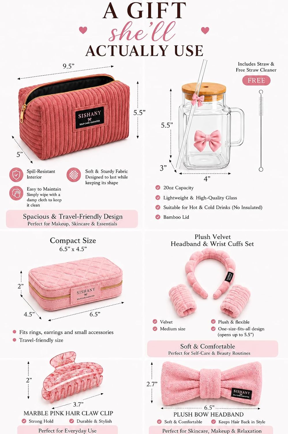 Self Care Gift Set for Women, Aesthetic Travel Gift Box with Makeup Bag, Jewelry Case, Glass Tumbler, Velvet Headband, Spa Bow Headband, Spa Wristbands & Marble Claw Hair Clip (Pink)