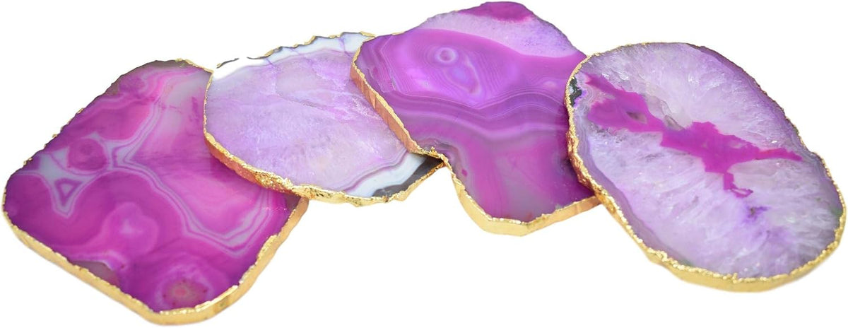 Nature’s Decoration Set of 4 Premium Natural Agate Gnarled Stone Coasters with Gold Edge for Home Decor - Non Skid Classic Coasters for Bedside Table, Office Table, Bar, and Poolside Pink