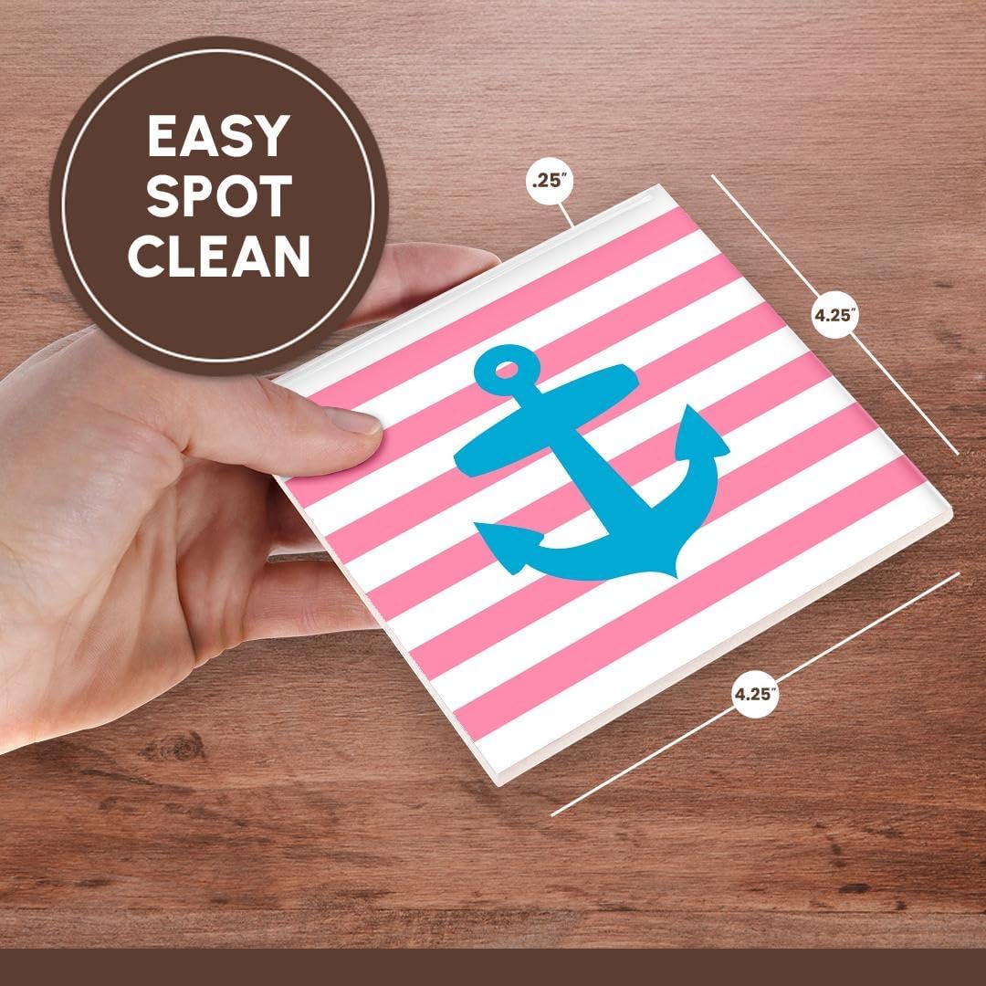 Blue Anchor Coral Pink Stripes Set of 8 Ceramic Tile Coasters