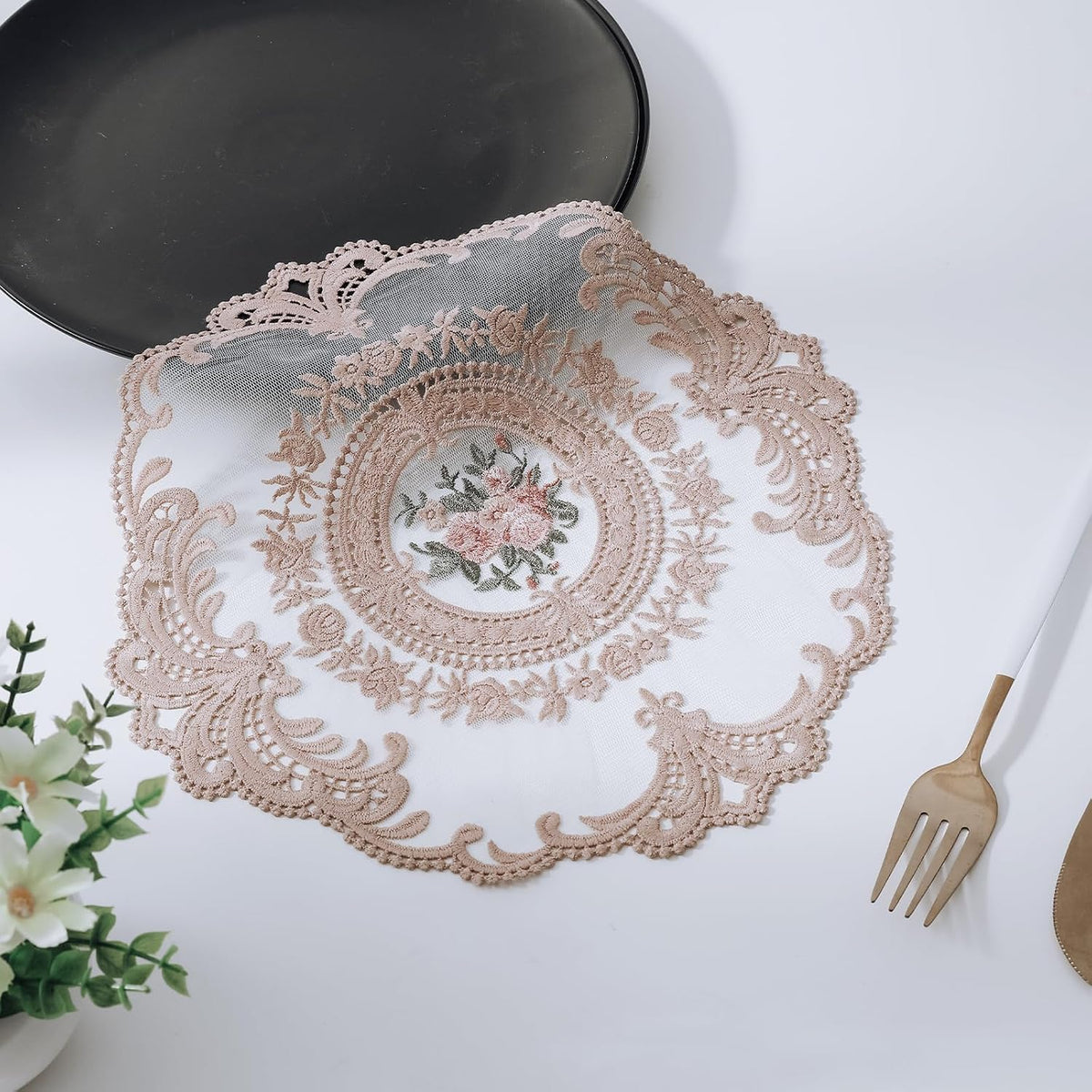 Embroidered Placemats Set of 2, Retro Handmand Place Mats Vintage Cup Vase Table Mat for Dining Table Kitchen Party -Dark Pink, 2PCS