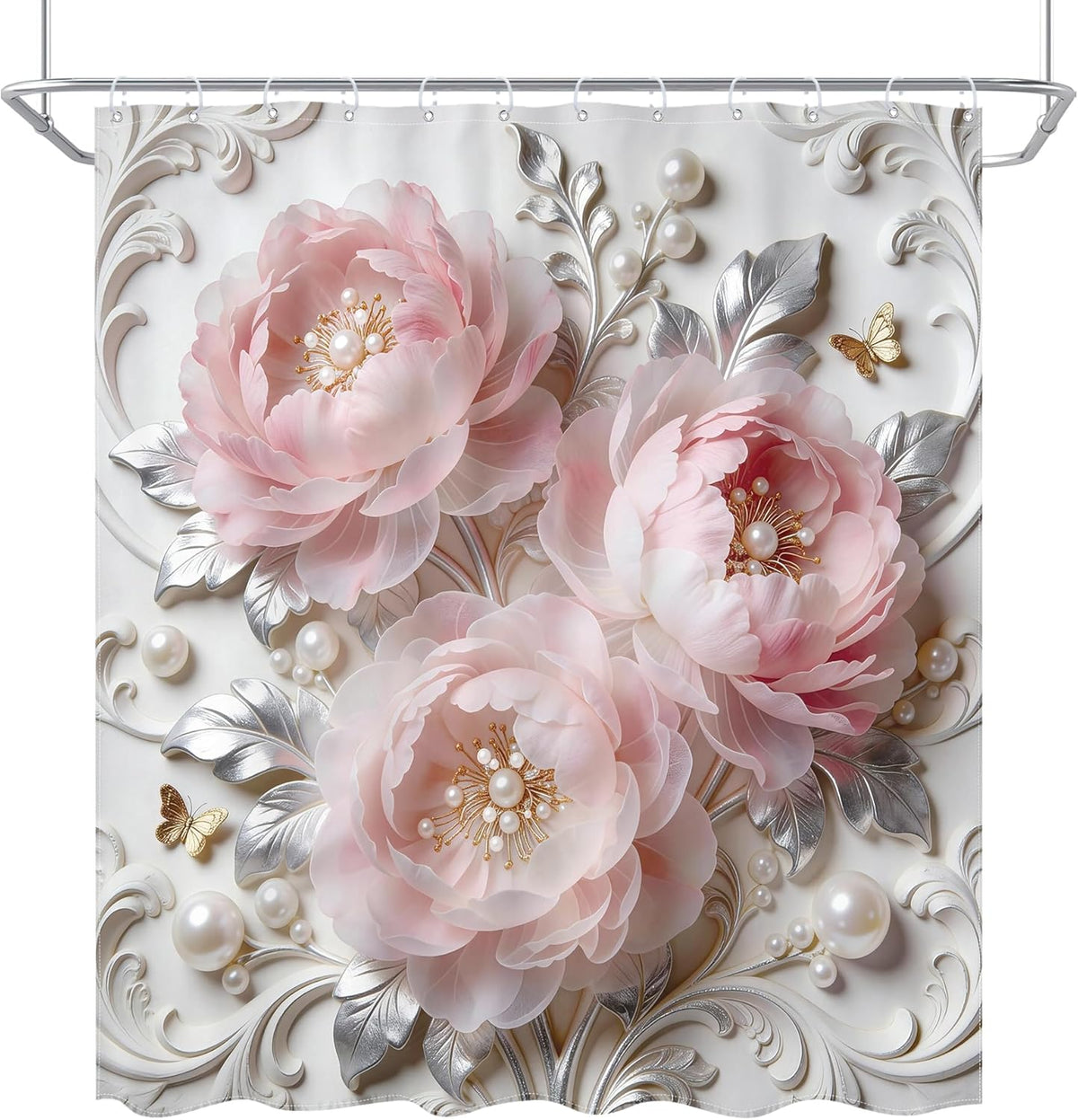 Pink Floral Shower Curtain 72Wx72L Inch Blush Pink Flower Abstract Bold Peony Rose Silver Leaves Botanical for Women Girly Pretty Luxury Bathroom Set Bath Curtain Bathtub Accessories Home Decor