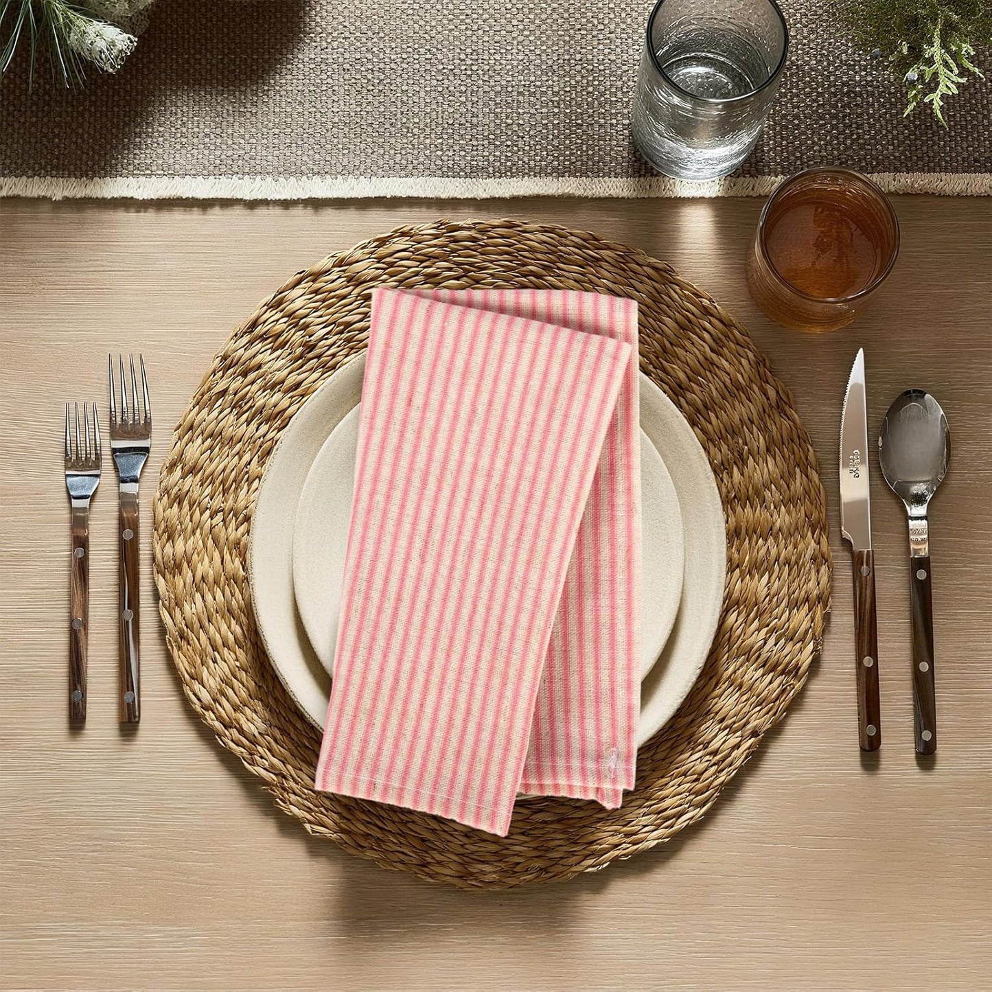 Pink Striped Cloth Dinner Napkins, Farmhouse Set of 12 Reusable Cotton Napkins for Bridal Wedding, Spring Party and Everyday Use