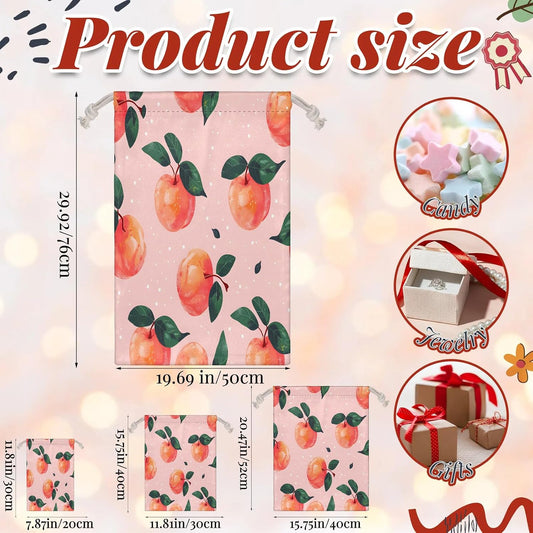 Aglebo Watercolor Peaches Reusable Christmas Gift Bag Set with Drawstring 30" x 20" Xmas Treats Bags Funny Design for Party Birthday Xmas Presents Wrapping Bags (1 Pack)