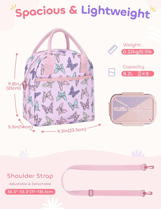 Lunch Box Bag for Kids, Insulated Lightweight Lunch Box Tote for Toddler Girls School Daycare Kindergarten Butterfly Pink