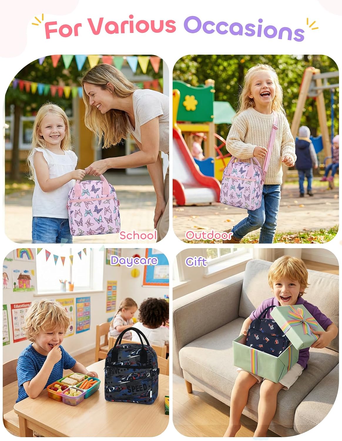 Lunch Box Bag for Kids, Insulated Lightweight Lunch Box Tote for Toddler Girls School Daycare Kindergarten Butterfly Pink