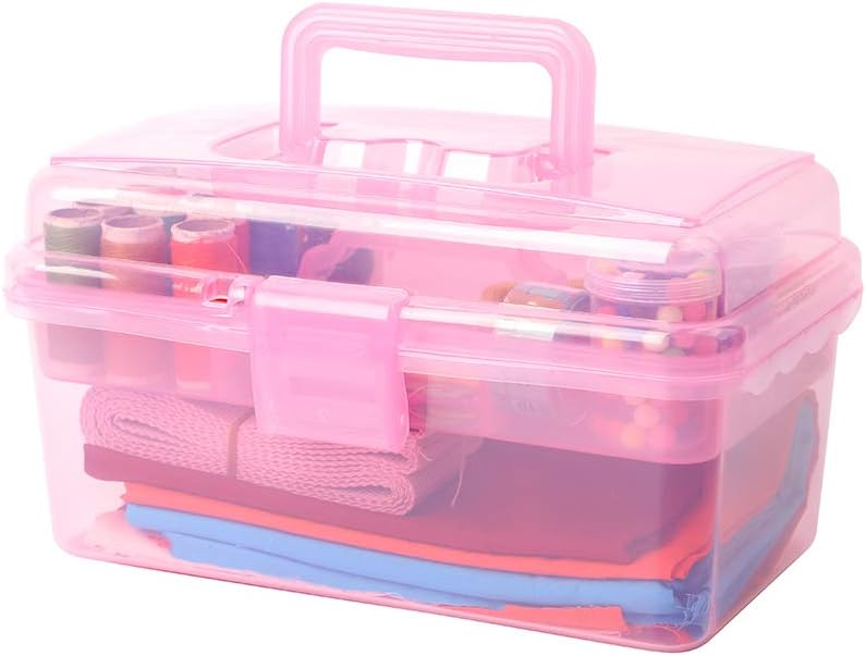 Multipurpose Plastic Storage Container Organizer Box Case with Removable Tray and Handle for Art, Craft, Sewing Supplies, Clear&Pink