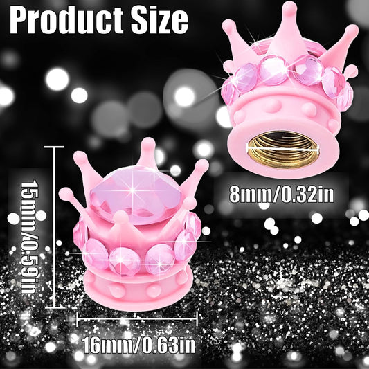4PCS Crown Bling Tire Stem Valve Caps, Crystal Diamond Car Wheel Tire Valve Caps Universal Copper Core Stem Covers for Cars, SUV, Trucks, Bikes, Motorcycles, Bicycles (Pink)