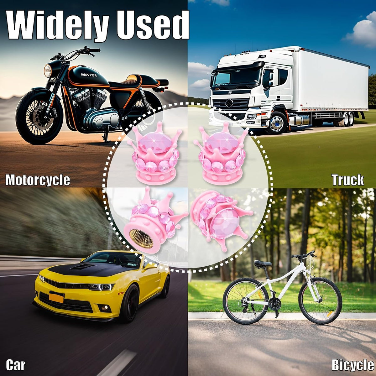 4PCS Crown Bling Tire Stem Valve Caps, Crystal Diamond Car Wheel Tire Valve Caps Universal Copper Core Stem Covers for Cars, SUV, Trucks, Bikes, Motorcycles, Bicycles (Pink)