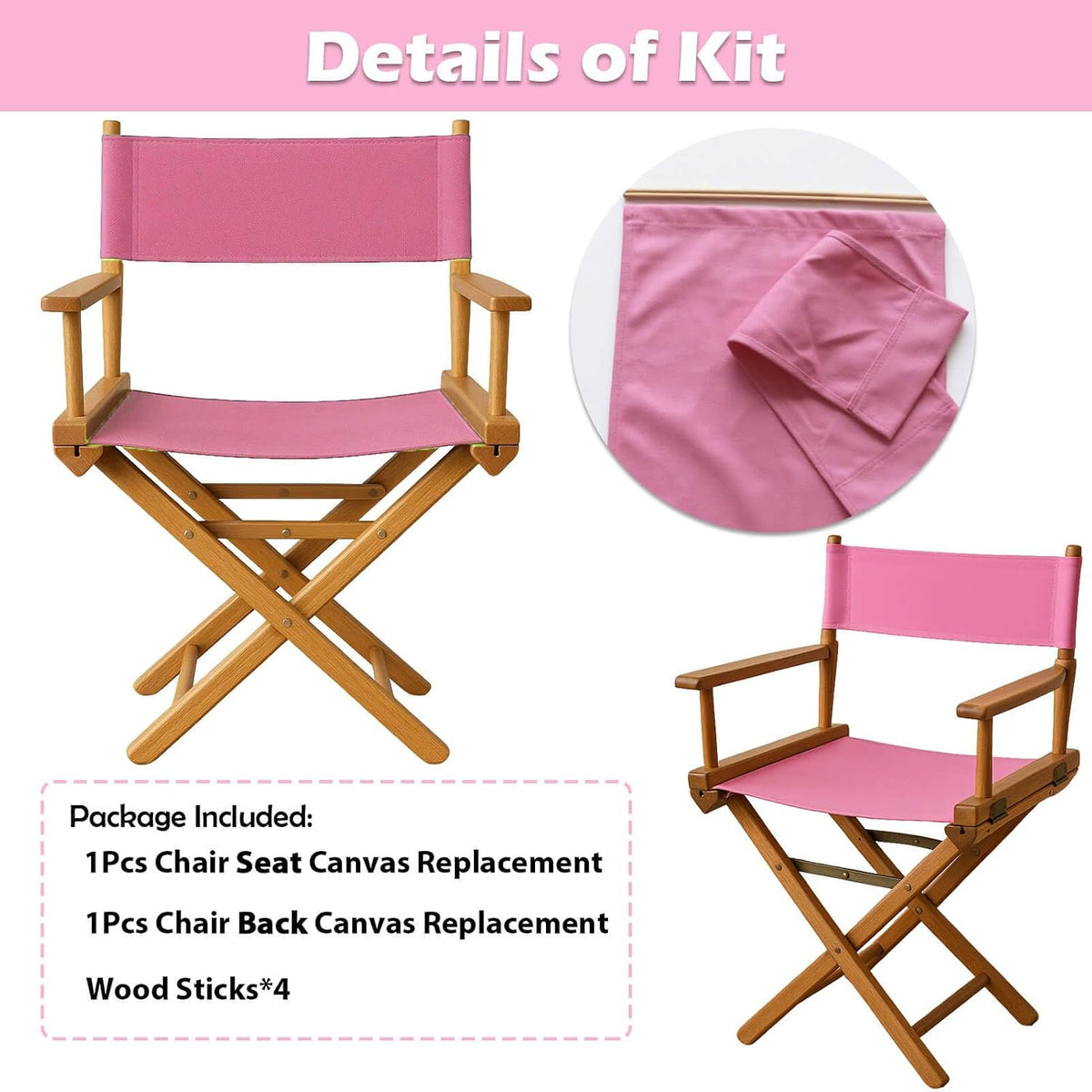 Director's Chair Canvas Replacement Kit 21"L x 8"W - 21"L x 16.5"W Replacement Canvas Durable Cotton Canvas Seat & Back Covers for Home,Model Artist,Makeup,Show Dressing Room, 1 Set Pink