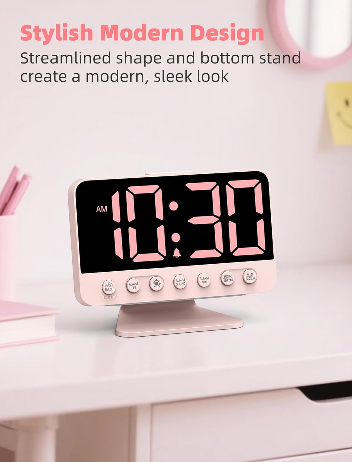 Digital Alarm Clocks for Bedrooms: Large Bold Number 5 Brightness Dimmer - Easy to Read Across The Room - 5 Alarm Sound 8 Night Light - Sakura Pink
