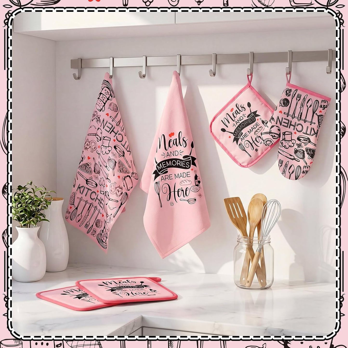 6 Kitchen Towels Sets Kitchen Decor Accessories Set with Oven Mitts and Pot Holders Farmhouse Oven Glove Decor for Cooking Baking Grilling Supplies(Pink,Black,Novel)