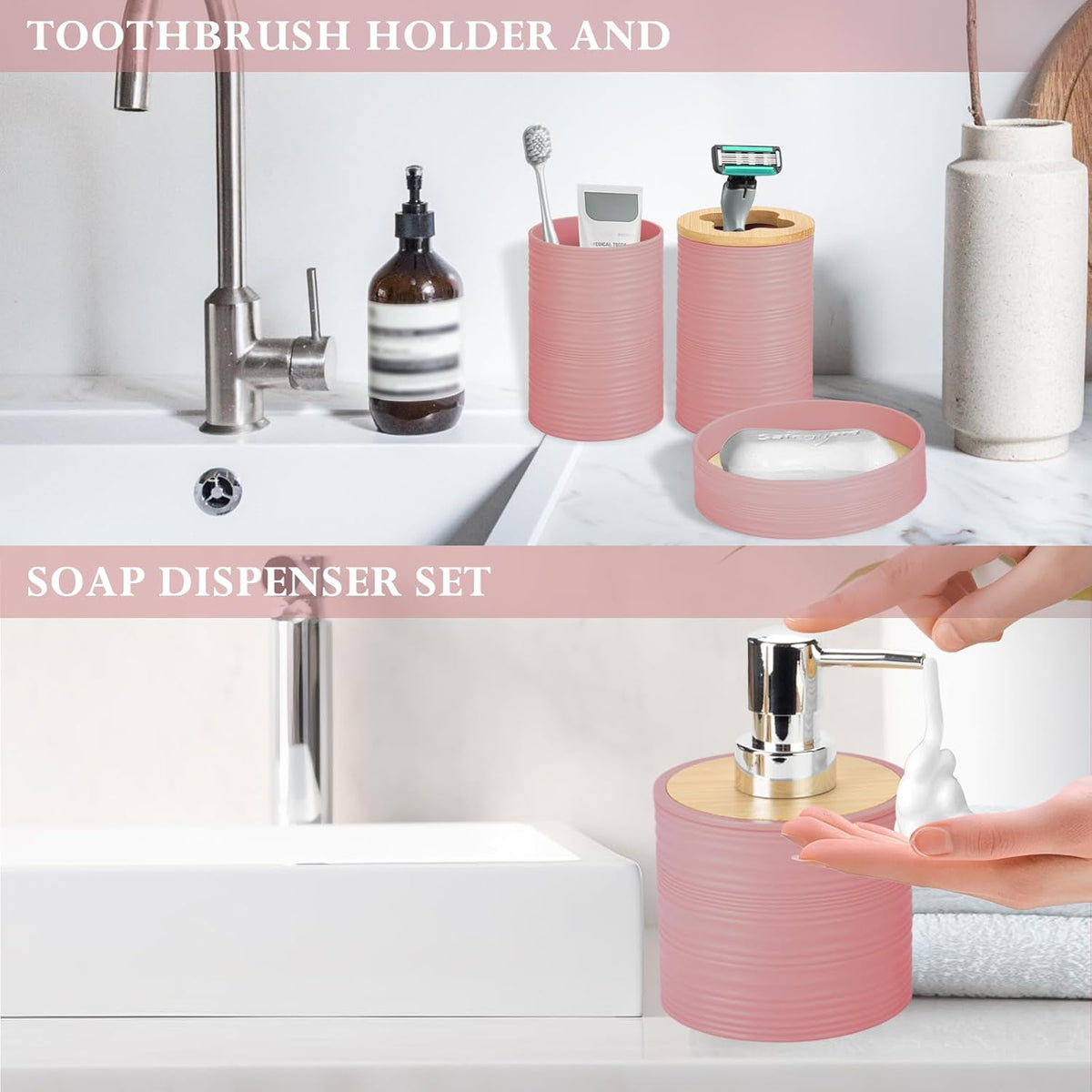 4 Piece Bamboo Bathroom Accessories Set, Boho Bathroom Decor,LightPink