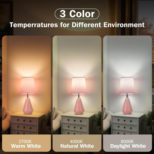 Small Bedside Table Lamp for Bedroom - Reading Desk Lamp with 3 Color Temperatures,15.5" Nightstand Ceramic Lamp with Fabric Shade for Kids Room,Living Room,Dorm,Home Office (Pink)