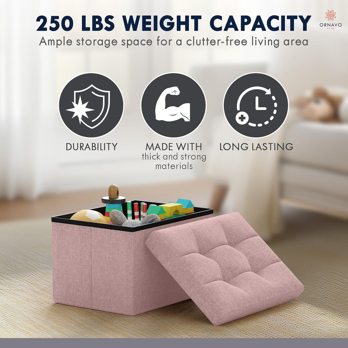 Small Rectangle Storage Ottoman, Foldable Linen, 12x16x12, Pink