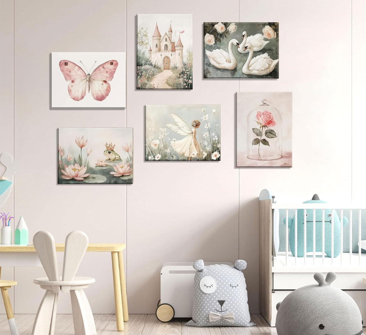 Coquette Wall Art Pastel Pink Trendy Posters Wall Decor White Swan Butterfly Frog Painting Pictures Castle Elf Aesthetic Floral Canvas Prints for Nursery Teen Girls Bedroom College Dorm Framed