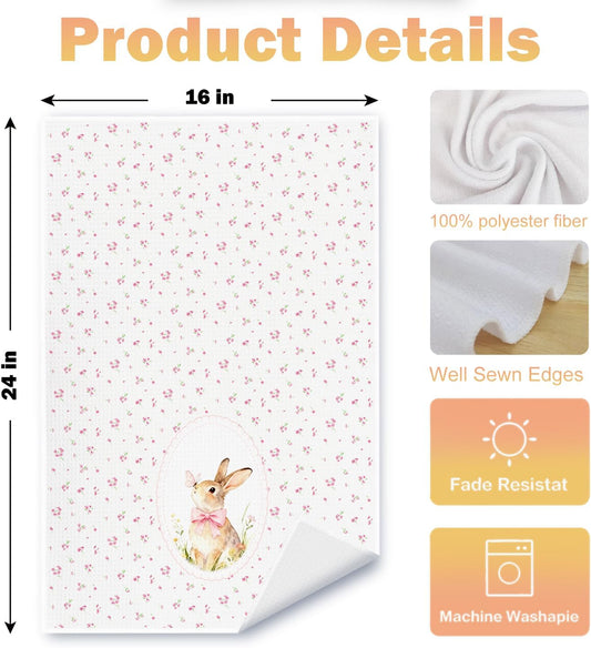 Coquette Pink Bow Easter Bunny Kitchen Towels, Bunny Lover Gifts Dish Tea Towels for Kitchen Decor, Spring Cottagecore Floral Rabbit Decorative Hand Towel for Bathroom, 16x24 Inch