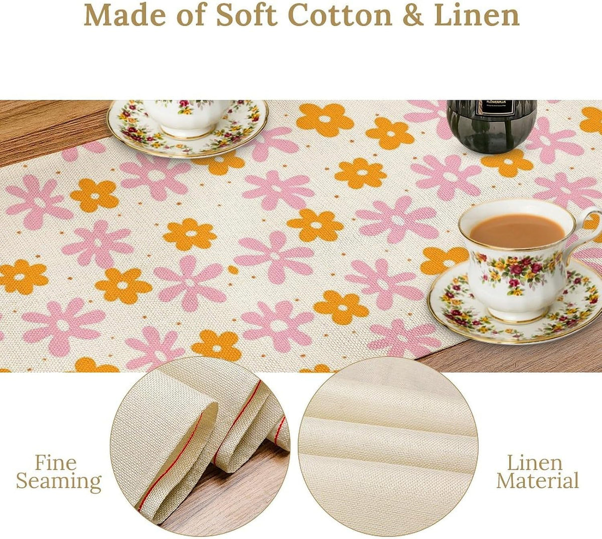 Pink Orange Flower Table Runner, Retro 70s Hippie Groovy Daisy Floral Print Tabletop Cloth for Dining Table Holiday Party Decorations Oriental Decor, 13x36inch