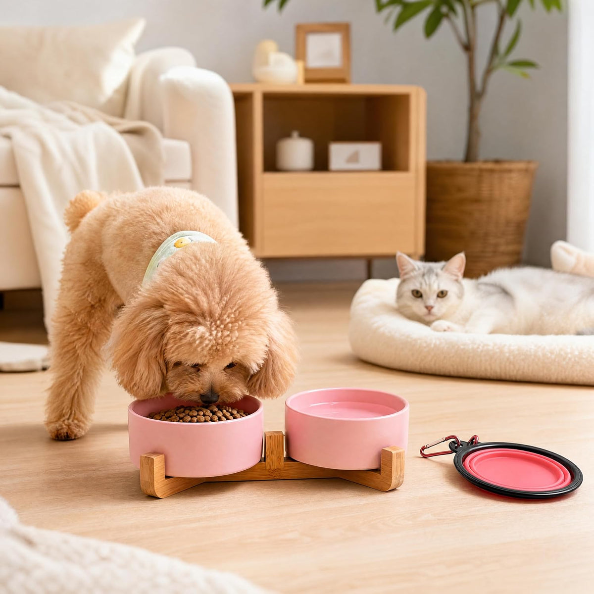 Petygooing Ceramic Cat Dog Bowl Set with Stand,Pink Pet Food and Water Dish,Small Dog Bowls Anti Slip Set of 2 Cat Bowls Pet Food Dishes Pet Bowl Small Size Pet (13.5OZ/5.1 in)
