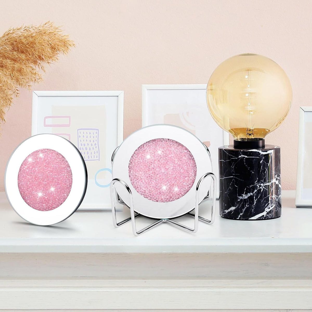 6 Pcs Mirrored Glass Coasters with Holder, Bling, Pink, 4 Inch