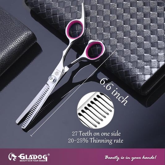 Dog Grooming Scissors Kit with Safety Round Tips, Professional 6 in 1 Grooming Scissors for Dogs, Sharp and Heavy-duty Dog Grooming Shears for Dogs Cats Pets (Pink)