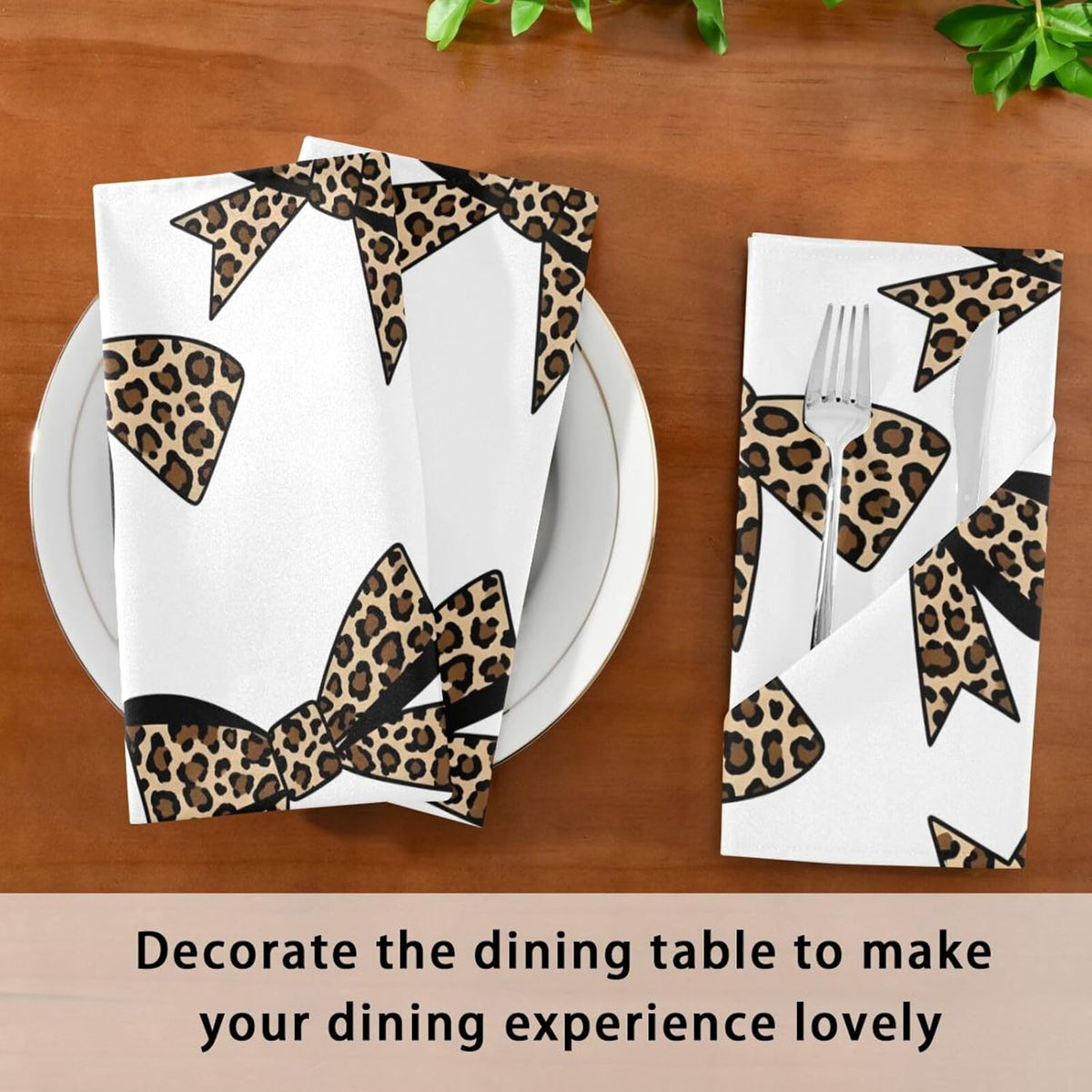 Leopard Bows 20x20 Inch Cloth Napkins Set of 6, Satin Peach Skin Polyester Dinner Napkins, Washable Reusable Table Napkins with Hemmed Edges for Wedding Party Restaurant Everyday Use