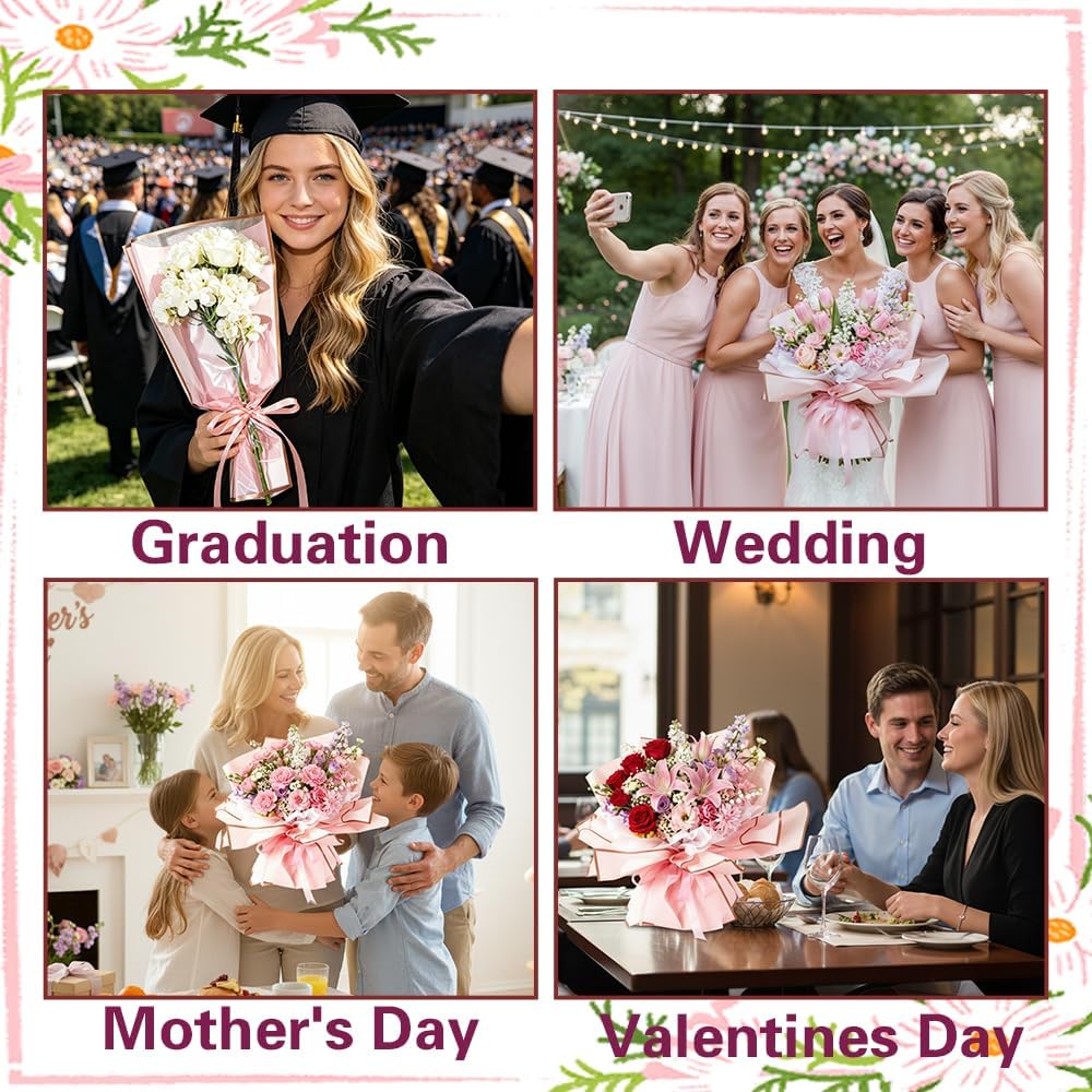 Flower Wrapping Bags, 50 Pcs Pink Bouquet Wrapping Bags , Clear Floral Packing Sleeves for Father's Day Bouquets Accessories DIY Crafts Wedding Birthday Christmas Valentines Day Gift Florist Supplies
