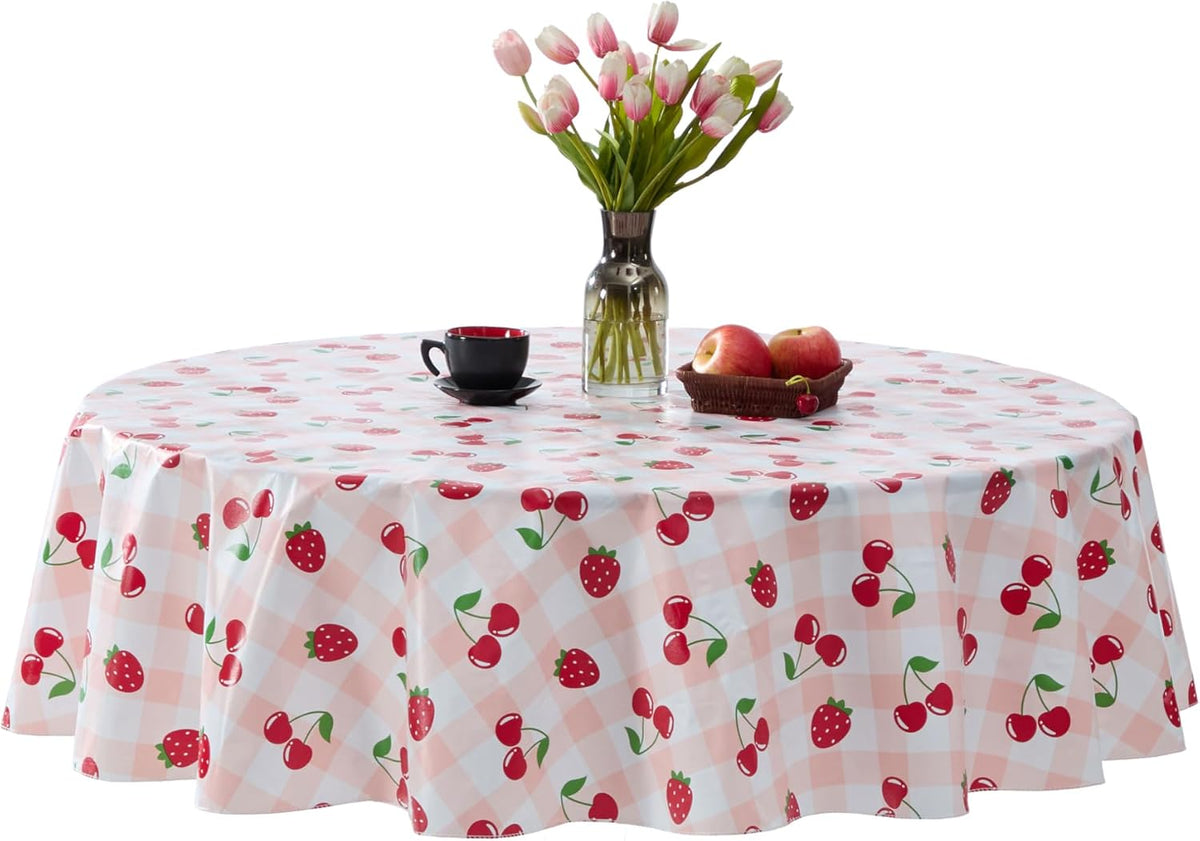 Newbridge Berry Sweet Pink Vinyl Kitchen Tablecloth, 70 Inch Round