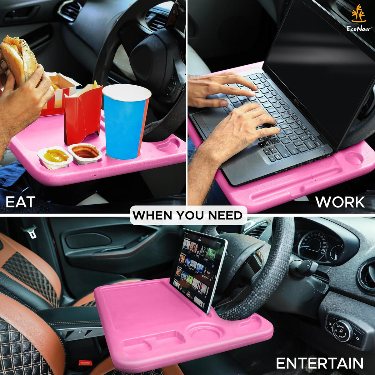 4 in 1 Car Steering Wheel Tray - 2024 Upgraded Pink Tray with Dual