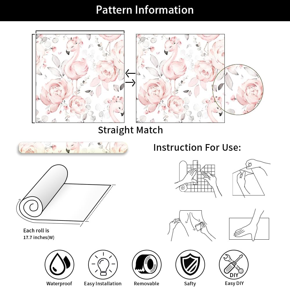 Cute Pink Floral White Grey Flamingo Peel and Stick Wallpaper Self Adhesive Removable Easy Peel Off Contact Paper Stick on Wall Paper for Bedroom Cabinet Renter Friendly
