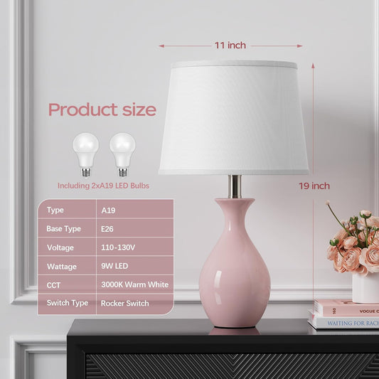 Table Lamp Set of 2, Modern Ceramic Bedside Lamps for Night Stands, Classic Small Lamp Nightstand Lamp for Bedroom Living Room Desk End Table Rocker Swtich Pink