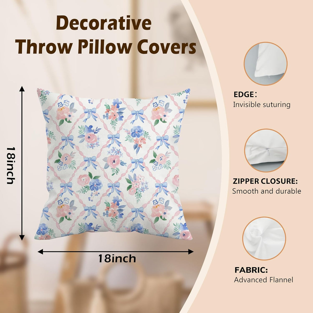 Coquette Blue Bow Floral Pillow Cover 18x18, Preppy Room Decor, Grandmillennial Pink Ribbon Trellis Flower Decorative Throw Pillow Cover Case for Girls Bedroom Dorm Home