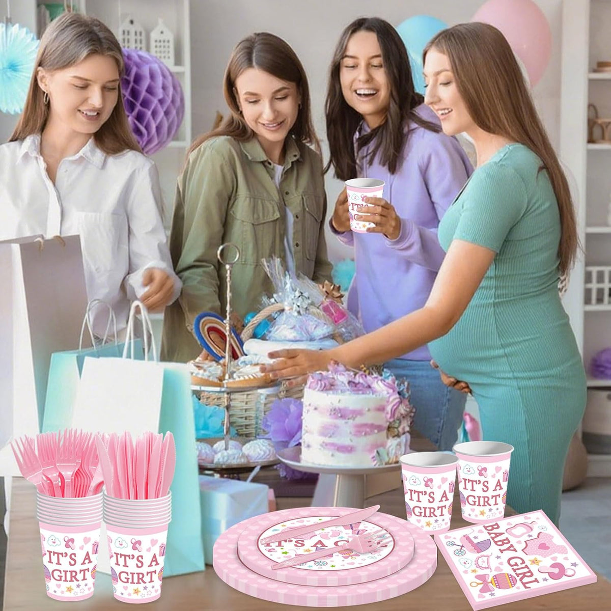 144PCS Gender Reveal Party Supplies Baby Shower Plates and Napkins Tableware Sets Pink Girls Baby Shower Party Decorations Including Paper Cartoon Plates Napkins Cups Forks Serve 24