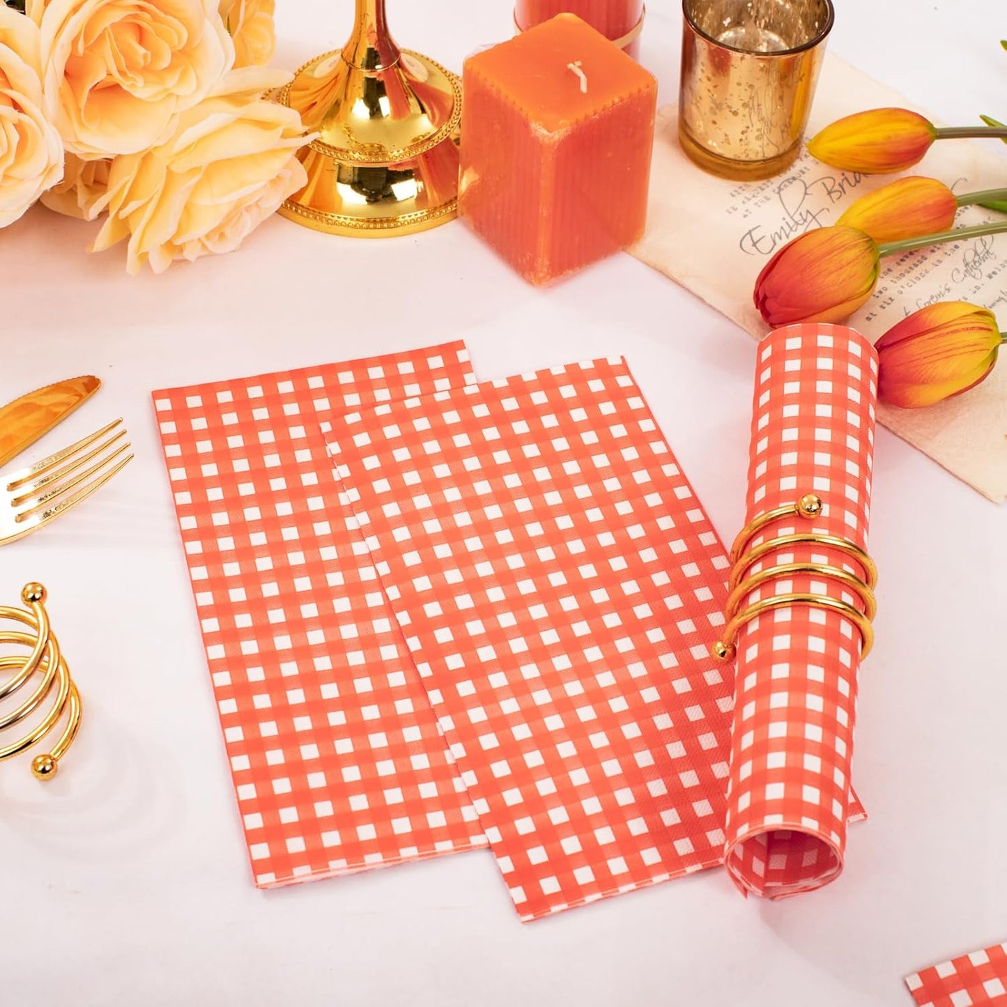 WDF 150Pack Orange Checkered Napkins - 3 Ply Disposable Orange and White Gingham Napkins Guest Napkins, Dinner Napkins Paper for Spring/Picnic/Wedding/Birthday/Party/Mother's Day