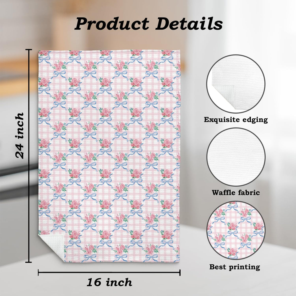 Coquette Blue Bow Floral Kitchen Towel, Grandmillennial Pink Rose Flower Gingham Hand Towel for Bathroom, Pink and White Checkered Dish Tea Towel, Coquette Bathroom Decor, 16x24 Inch