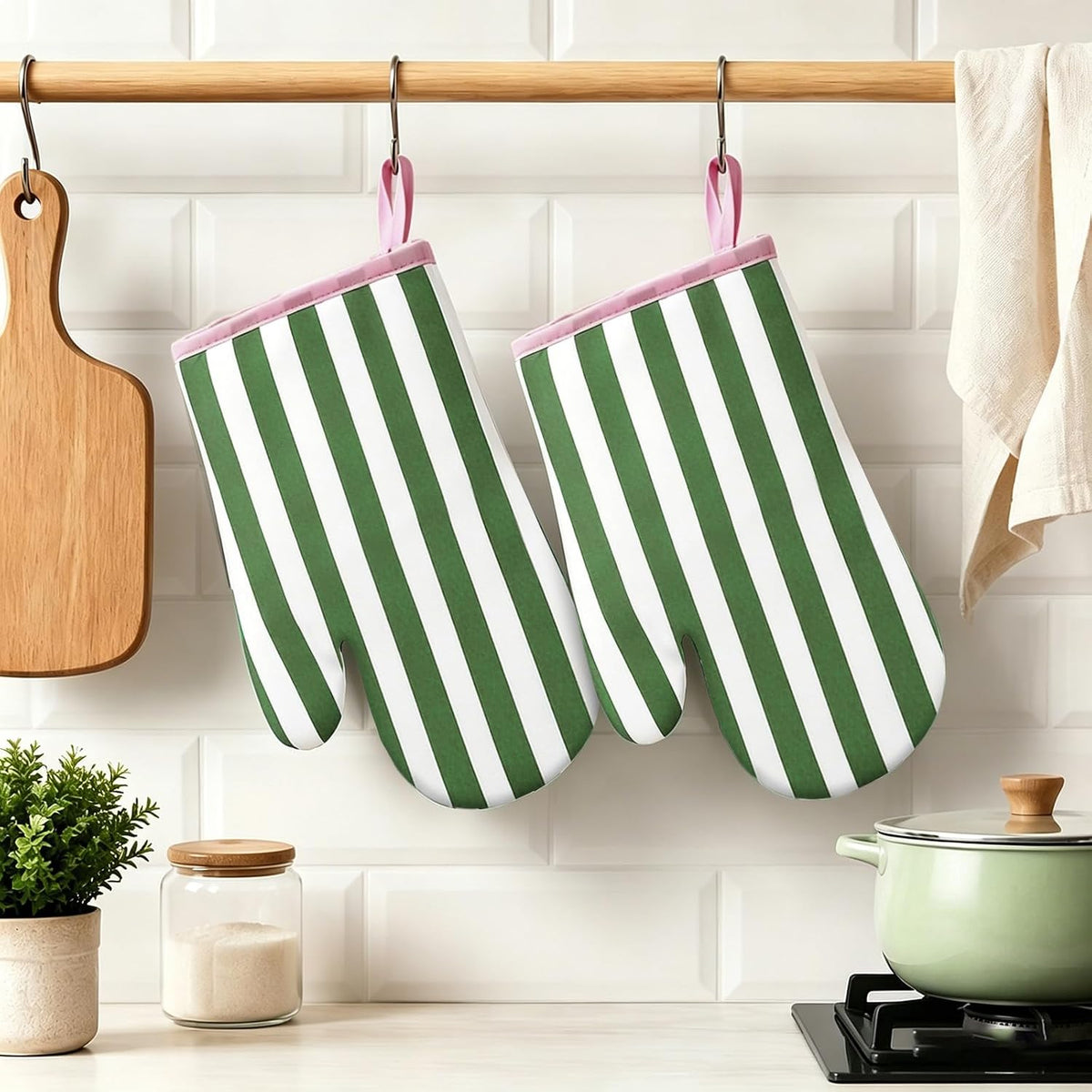 Botanical Green Pink Stripe Oven Mitts Set of 2 Heat Resistant Kitchen Oven Gloves for Cooking Baking Grilling Kitchen Decor, 6.7 x 10.6 Inch