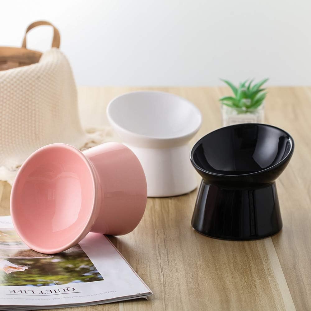 Pink Small Ceramic Raised Cat Bowls, Tilted Elevated Food or Water Bowls, Stress Free, Backflow Prevention, Dishwasher and Microwave Safe, Lead & Cadmium Free