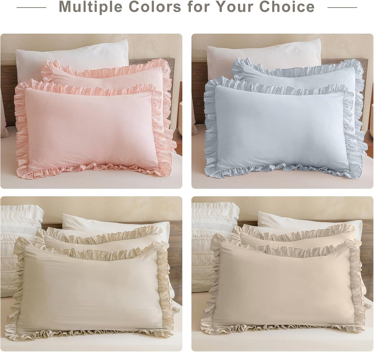 Pink Ruffled Pillow Shams Queen Size Set of 2, Shabby Farmhouse Pillow Cases 20"x30", Boho Chic Bedding Pillow Covers Queen Ultra Soft and Breathable Microfiber Pillow Sham