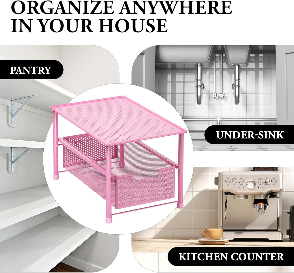 Stackable Under Sink Sliding Basket Drawer, Pink