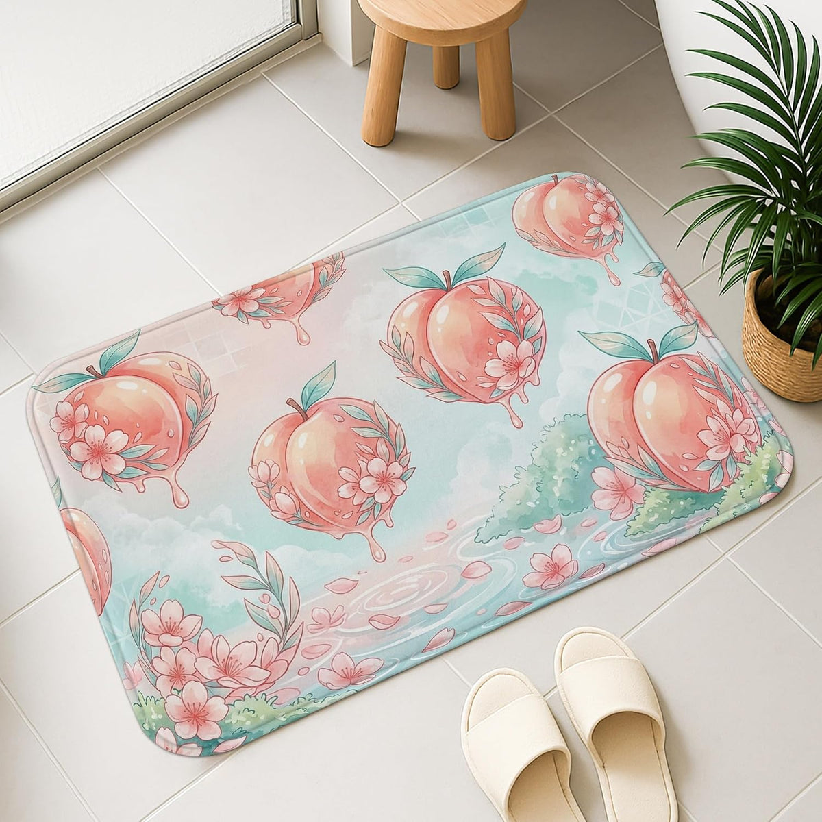 Peach Blossom Quick Dry Bath Mat, Floral Pastel Design Absorbent Non Slip Shower Mat, Spring Decorative Flannel Washable Bath Rugs for Bathroom Toilet Restroom 20x32 Inch